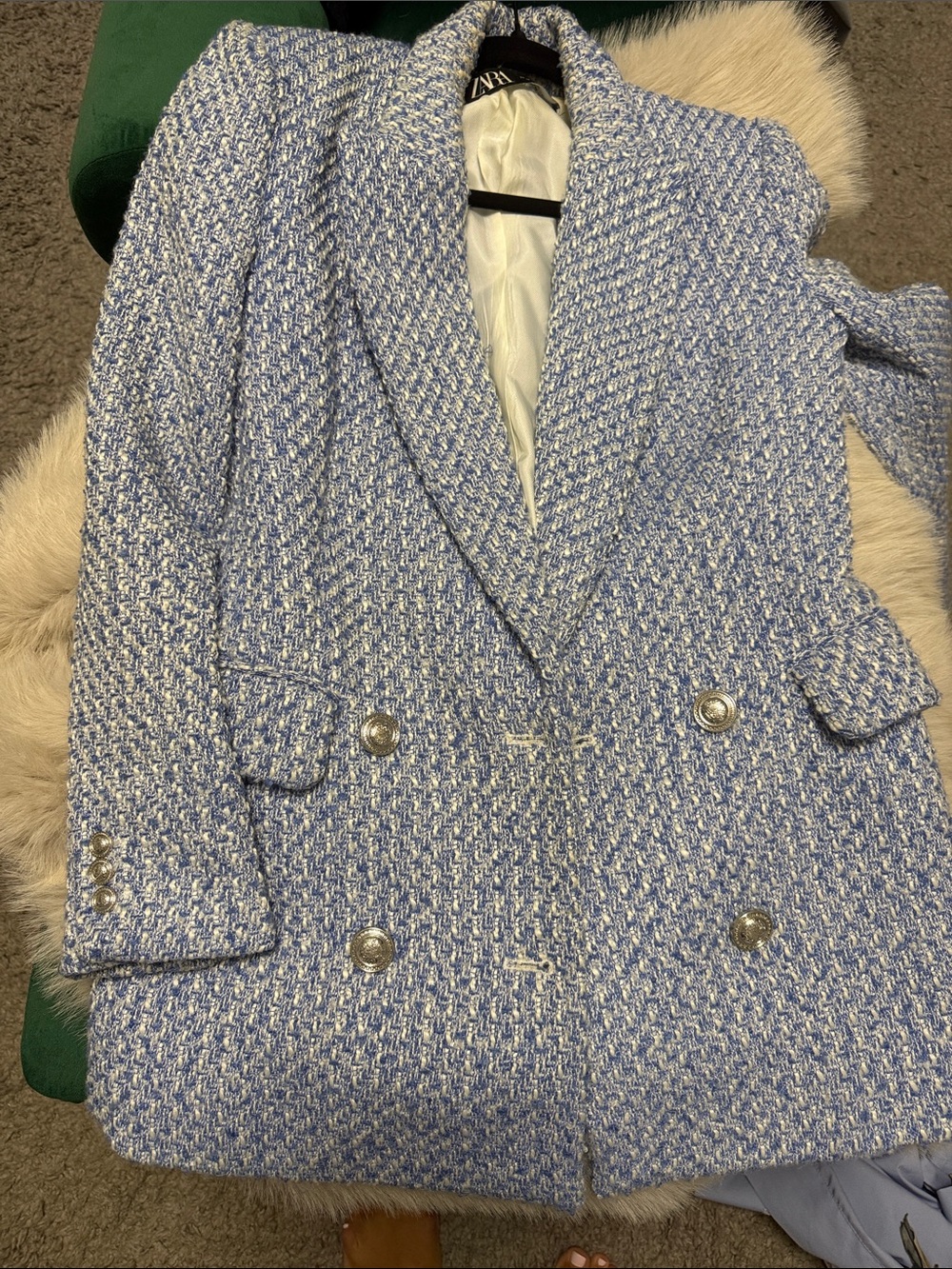 Zara Light Blue & White Tweed Double-Breasted Blazer